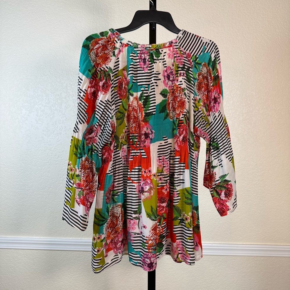 Bohemian Bright Floral Tunic Top Lightweight Stretch Blouse Ruffle Modest Office - Picture 9 of 11